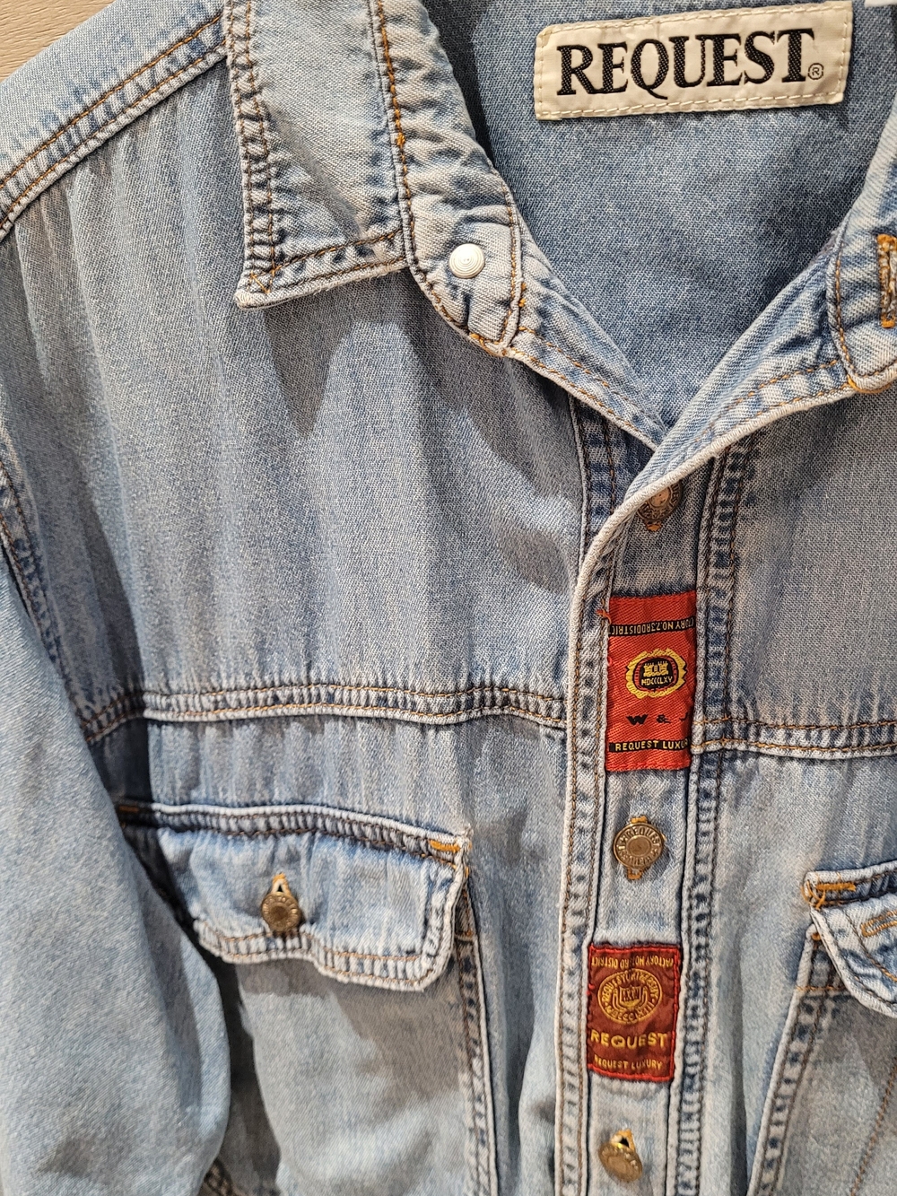 REQUEST Unique Vintage Denim Button-Down Shirt With Fabric Tag Embellishments